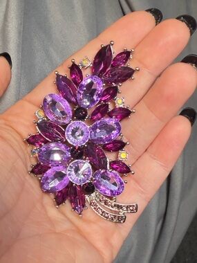 Floral Purple Rhinestone Brooch Large Sparkly Elegant Statement Silver 3"